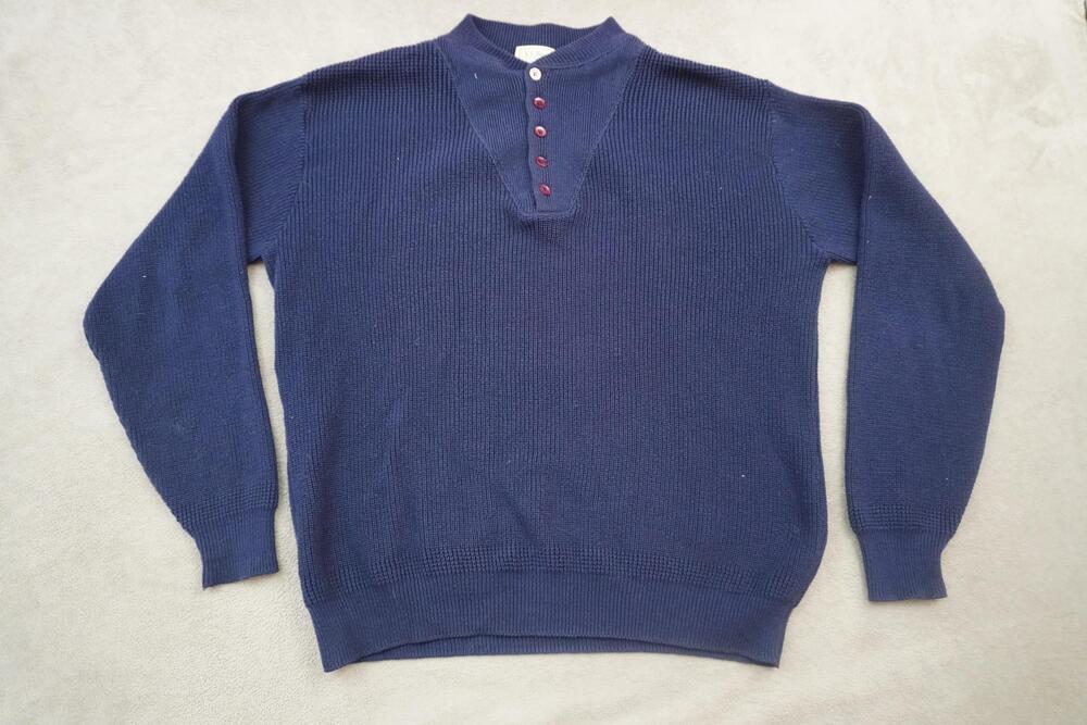 Vintage LL Bean Sweater Mens XL Blue Cotton Waffle Knit Henley Made USA